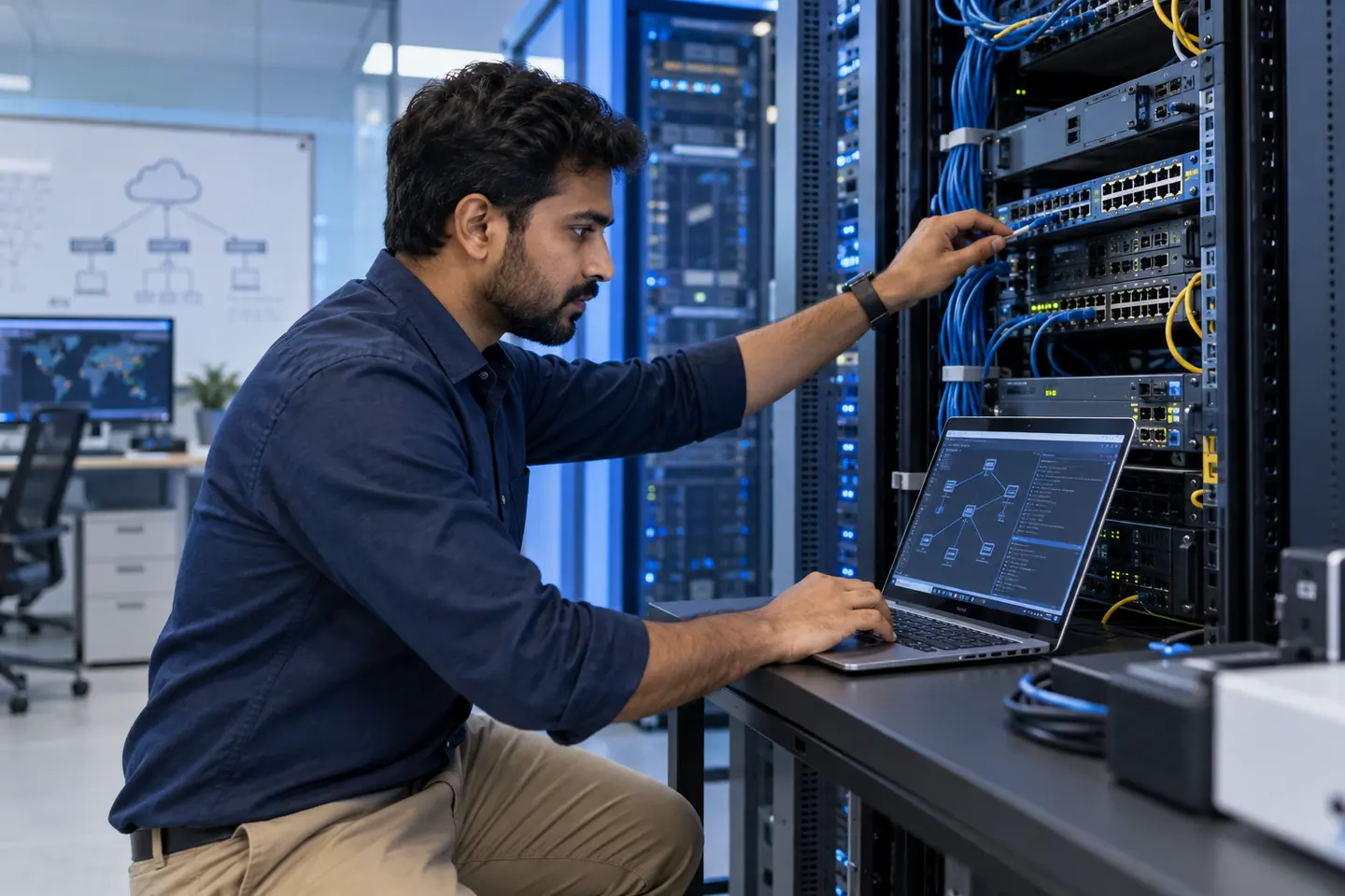Network engineer troubleshooting routers and switches in a professional lab