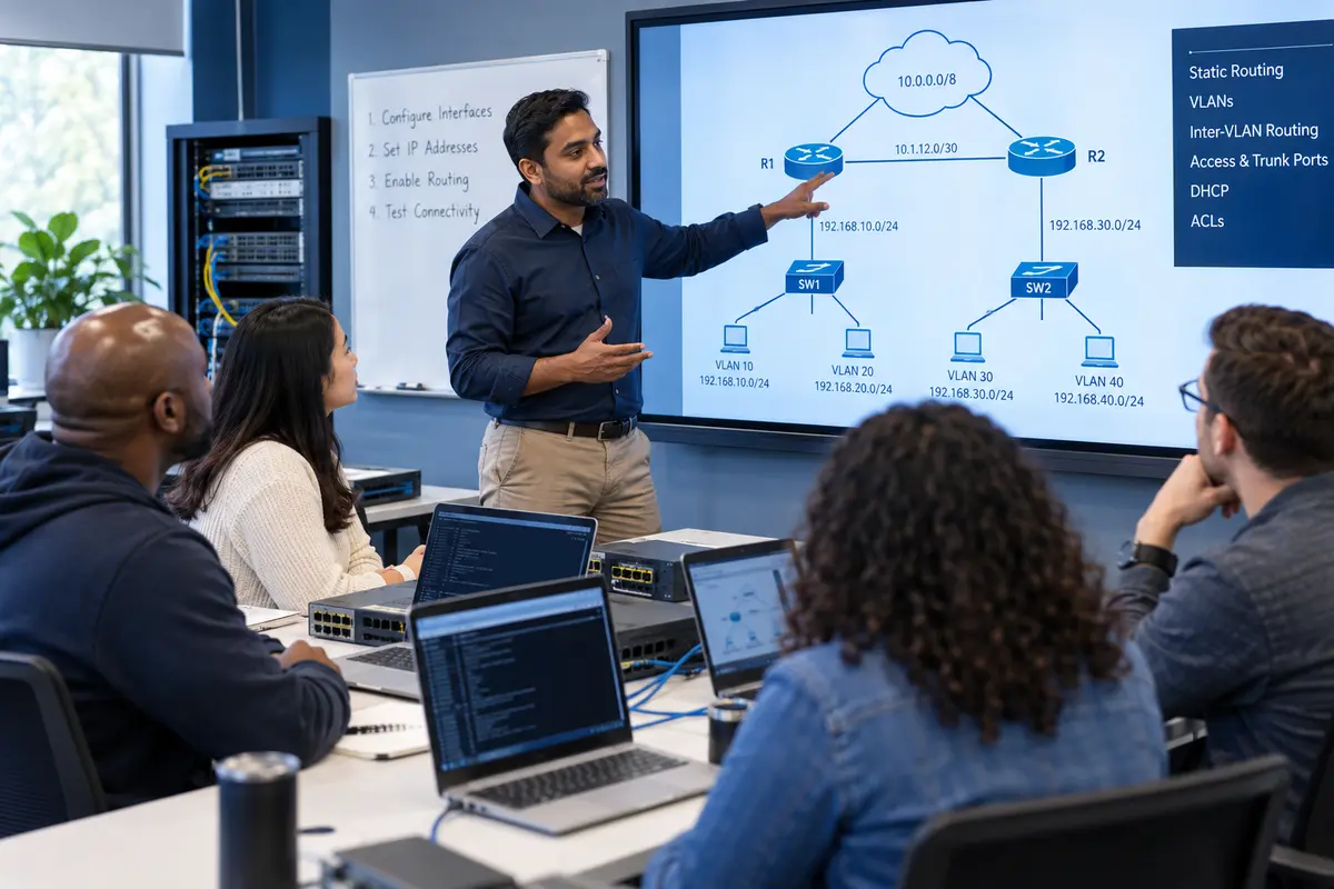 Networking instructor teaching routing and switching to adult learners