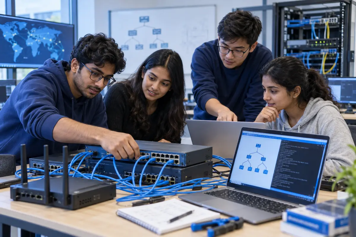 Engineering students collaborating on a practical networking project
